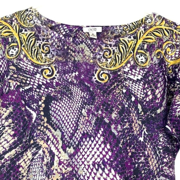 Cache Womens M Knit Blouse Purple Gold White Ornate Snake Print Short Sleeve Top - Picture 4 of 10
